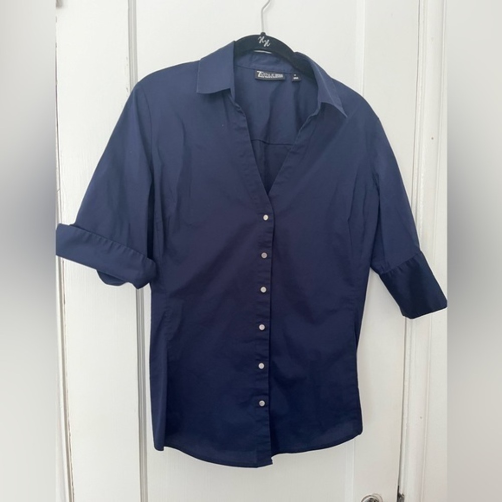 New York & Company button down shirt short sleeved navy Medium